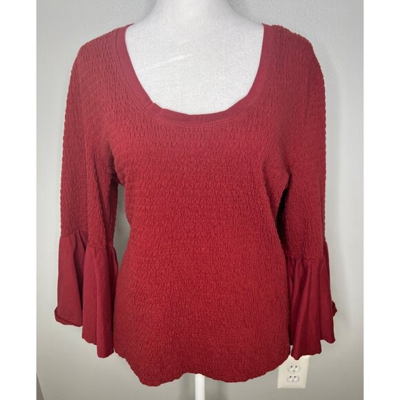 Anthropologie Smocked Red Textured Bell Sleeve Scoop Neck Top XL - Picture 10 of 16